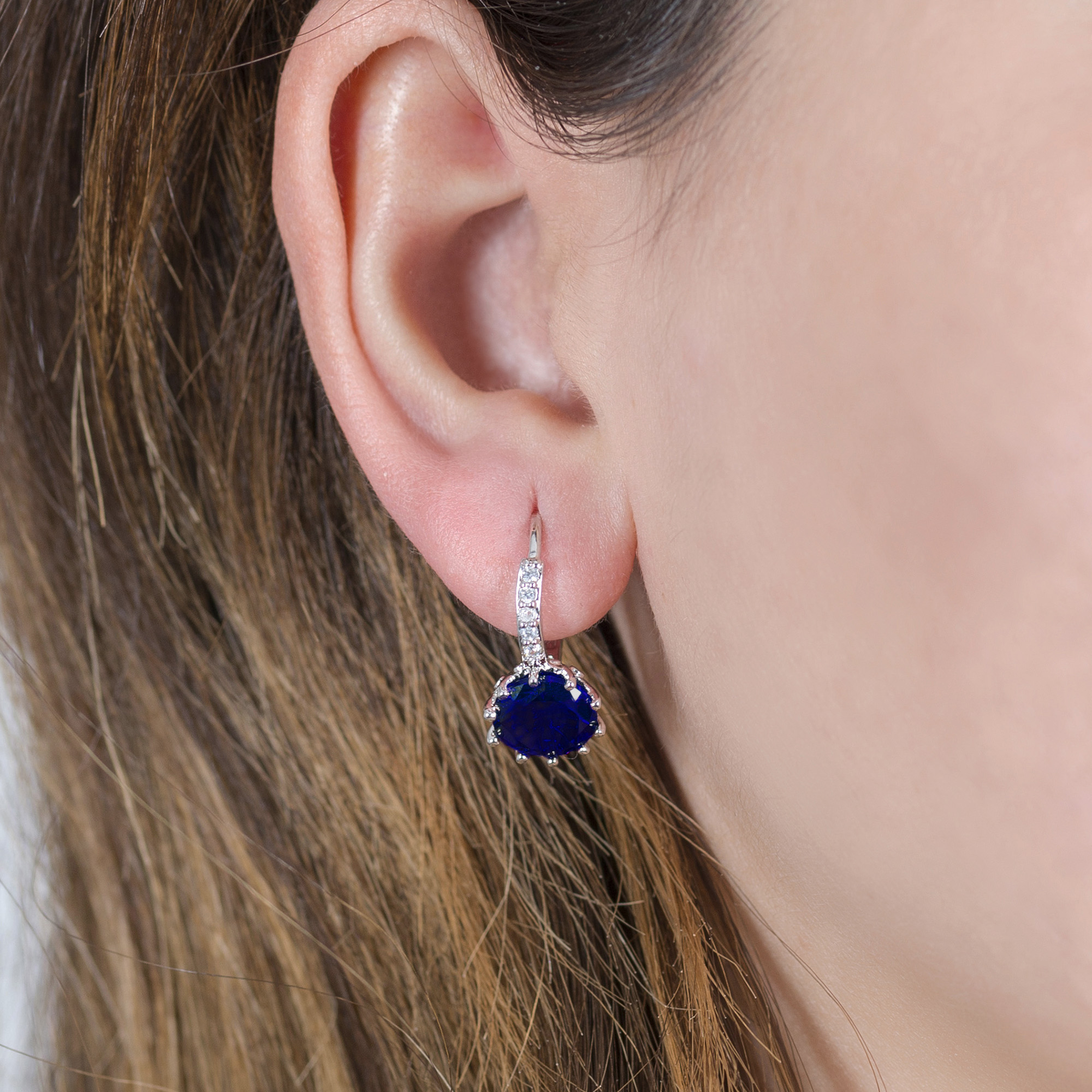 Huggies Earrings With Royal Blue Cubic Zirconia Gemnations