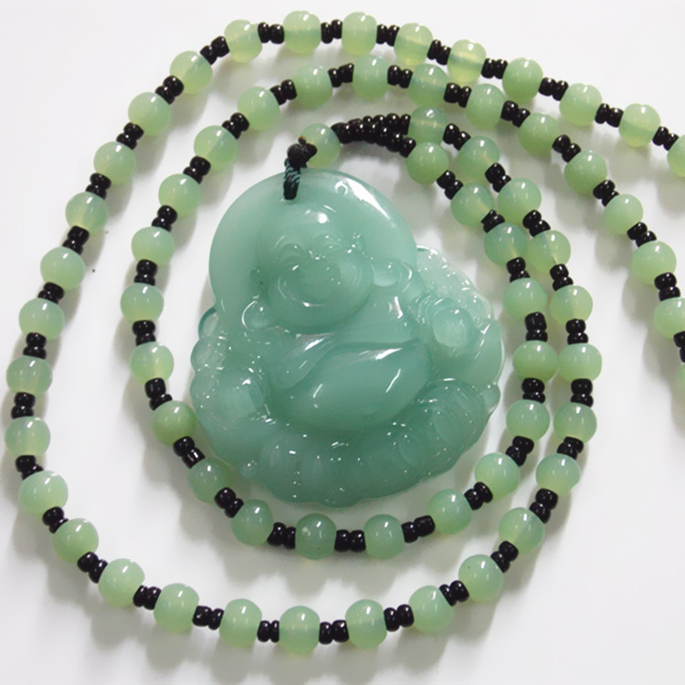 Tanglin Jade Light Green Necklace Buddha and Black Crystal Stone Hexagon Pillar Single Pendant Unisex