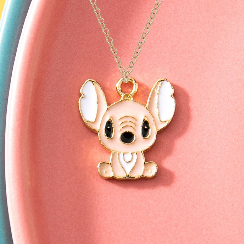 Lilo Stitch Blue Pink Ohana Enamel Gold Tone Pendant Necklace