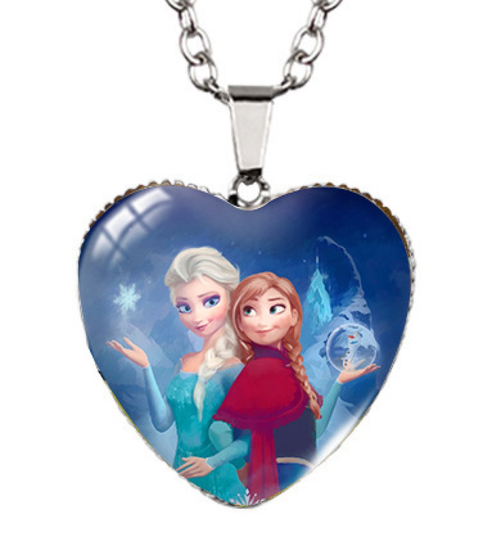 Elsa and Anna Heart Shaped Enamel Sister Love Silver Pendant Necklace
