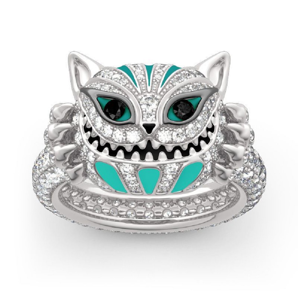 Skull Cat Face Stitch Crystal Filled Silver Tone Ring 3 Sizes Gemnations