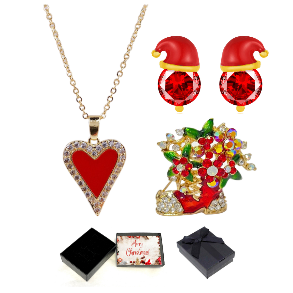 Santa Hat Red Crystal Earrings Acrylic Heart Pendant Necklace and Stocking Boot Flower Brooch Tri Set with Christmas Gift Box Gemnations