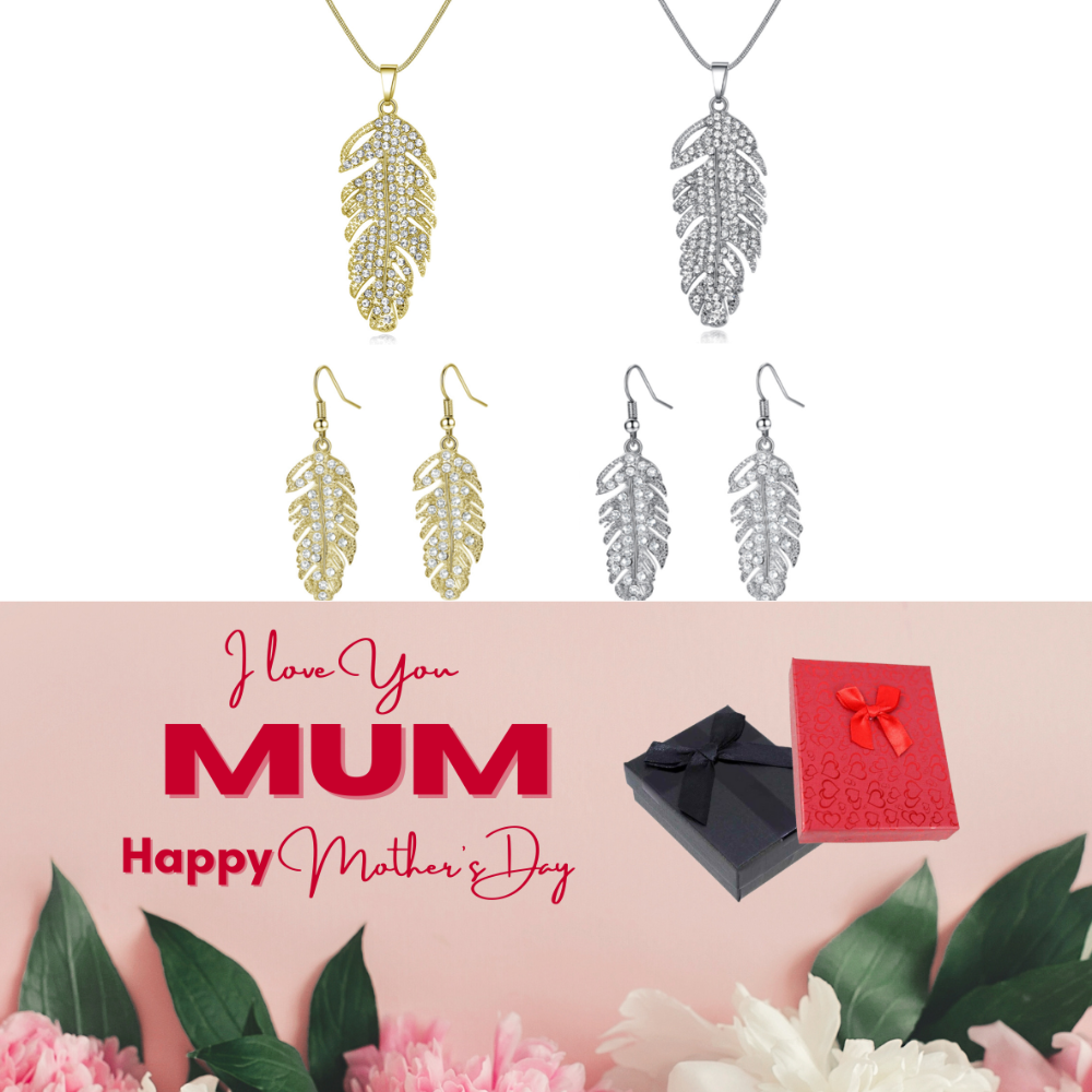 Feathers Necklace and Earrings Set with Mother s Day Message Gift Box
