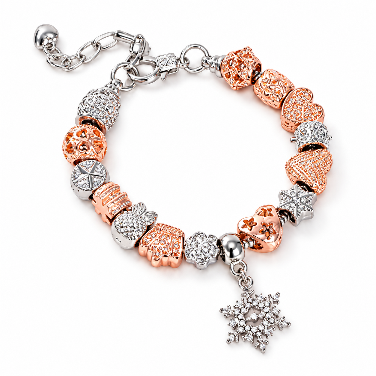Rose Gold and Silver Snowflake Charm Bracelet
