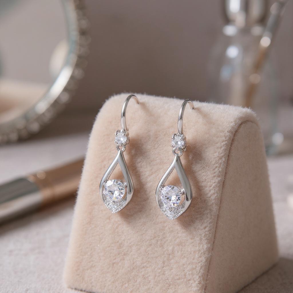Close-up lifestyle shot of elegant, teardrop-shaped silver earrings with sparkling cubic zirconia accents resting on a velve - Copy